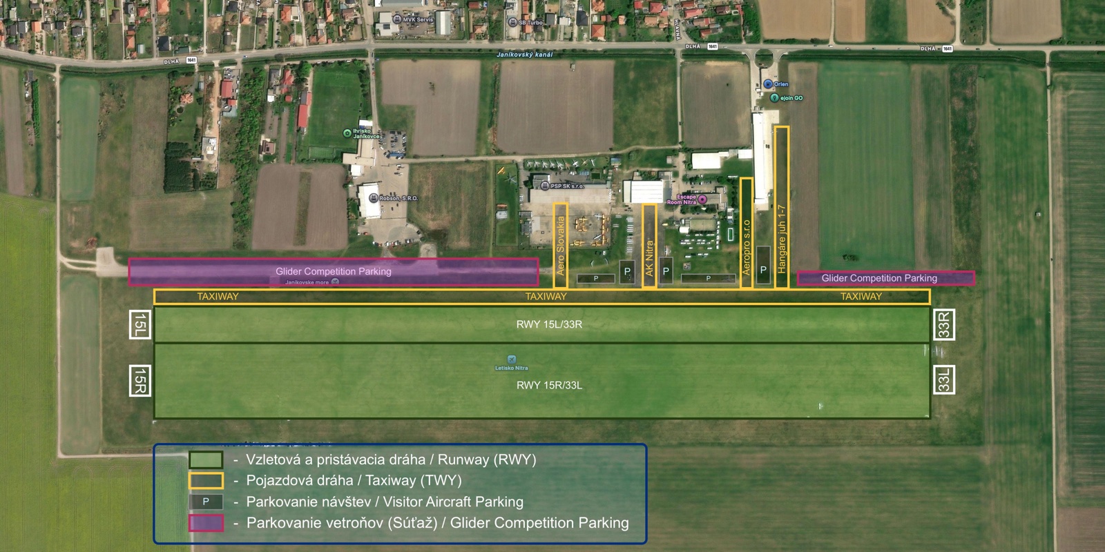 Nitra airfield: runways 15L/33R and 15R/33L, yellow taxiways, visitor parking marked P and glider competition parking.