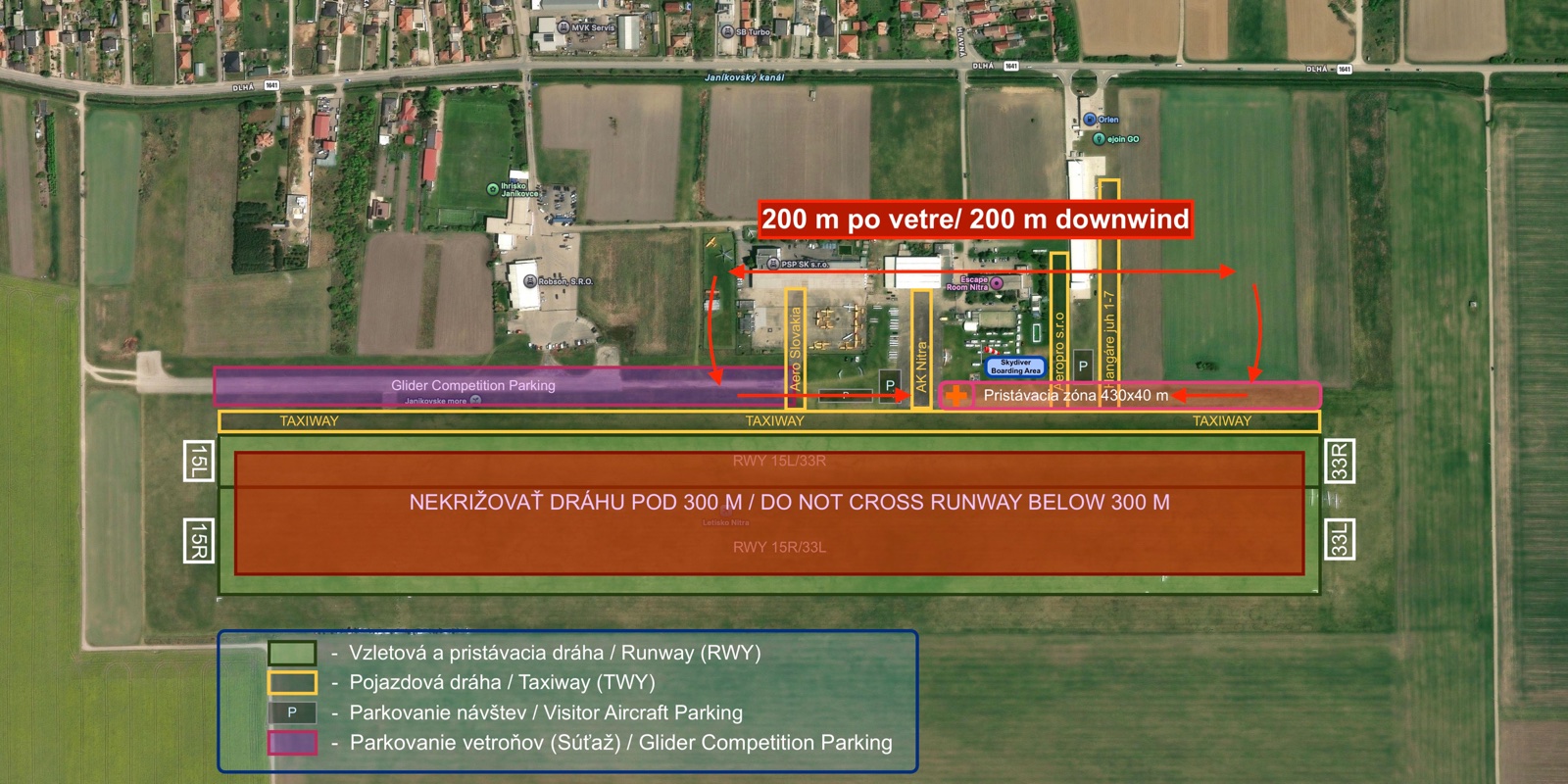 Parking during parachuting at Nitra: visitor stands marked P, parachute landing zone 430 by 40 metres and parachutist approach arrows.